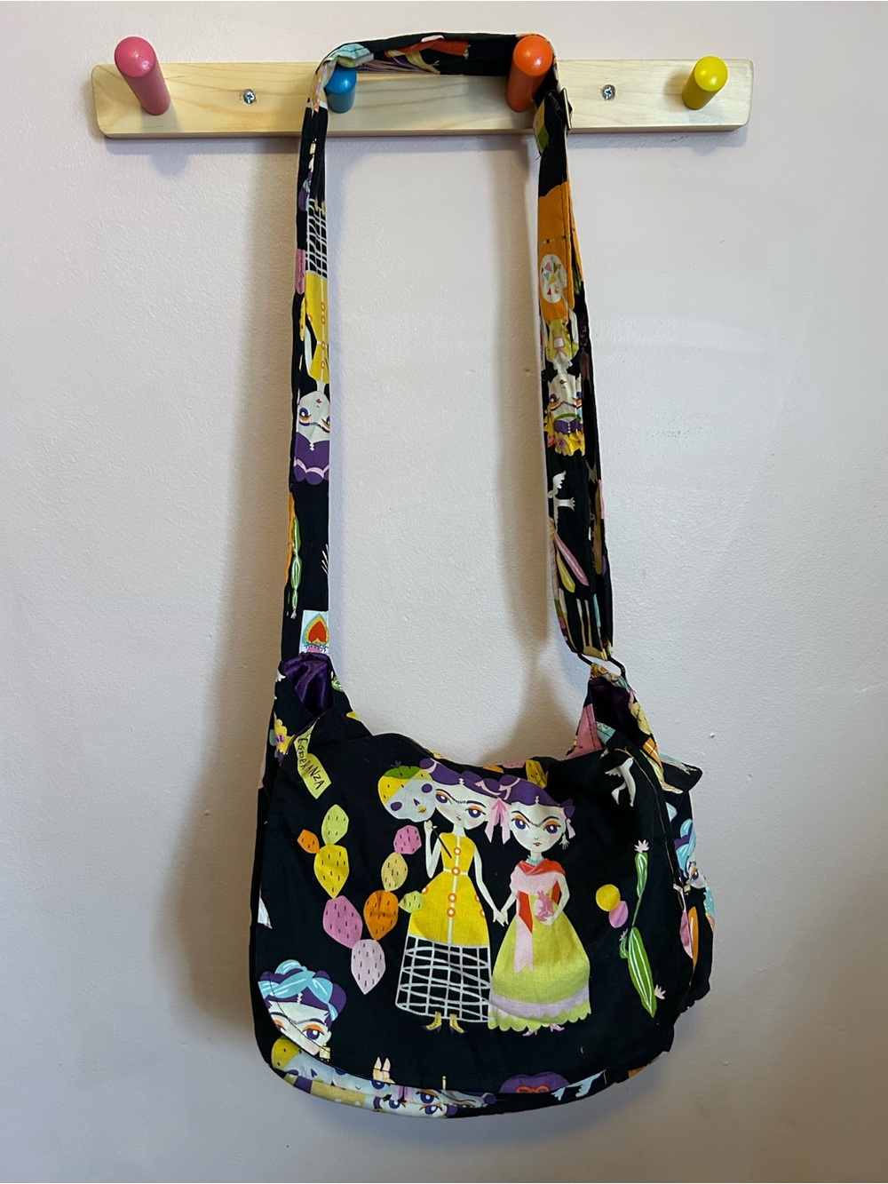 Women’s Black Printed Crossbody Bag with Colorful Character Design